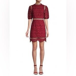 NWT Avantlook Eyelet Lace Puff Sleeve Open Back Burgundy Red Dress L